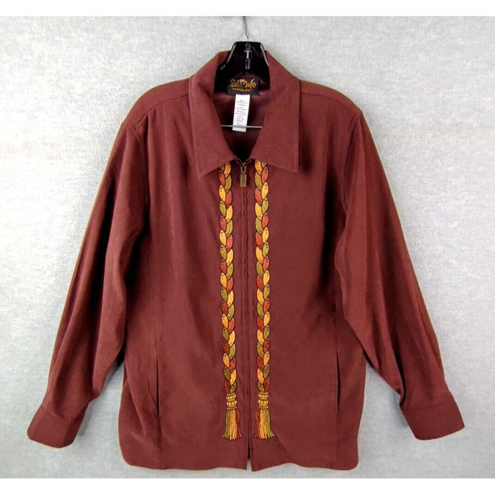 Bob Mackie Womens Jacket Large  Brown Embroidered Leaf Faux Suede Art To Wear‎